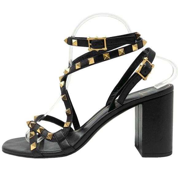 VALENTINO GARAVANI Rockstud Black Leather Block Heel Sandals 38.5 - Picture 1 of 9